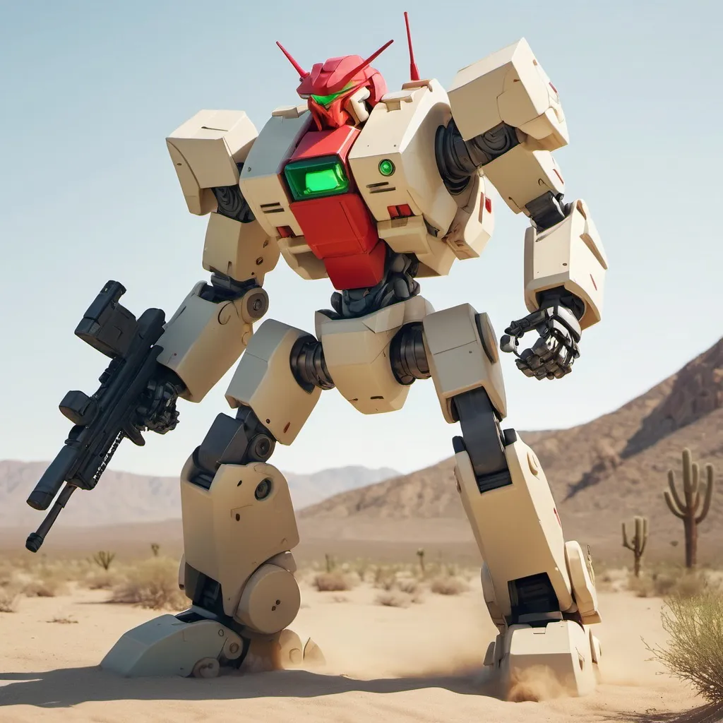 Prompt: A semi-blocky, Mecha with a red torso  torso and light khaki arms and legs. It also has a light khaki, semi-round head with a glowing green eye, firing a rifle at enemies, in the Mojave Desert, full-body, cinematic render