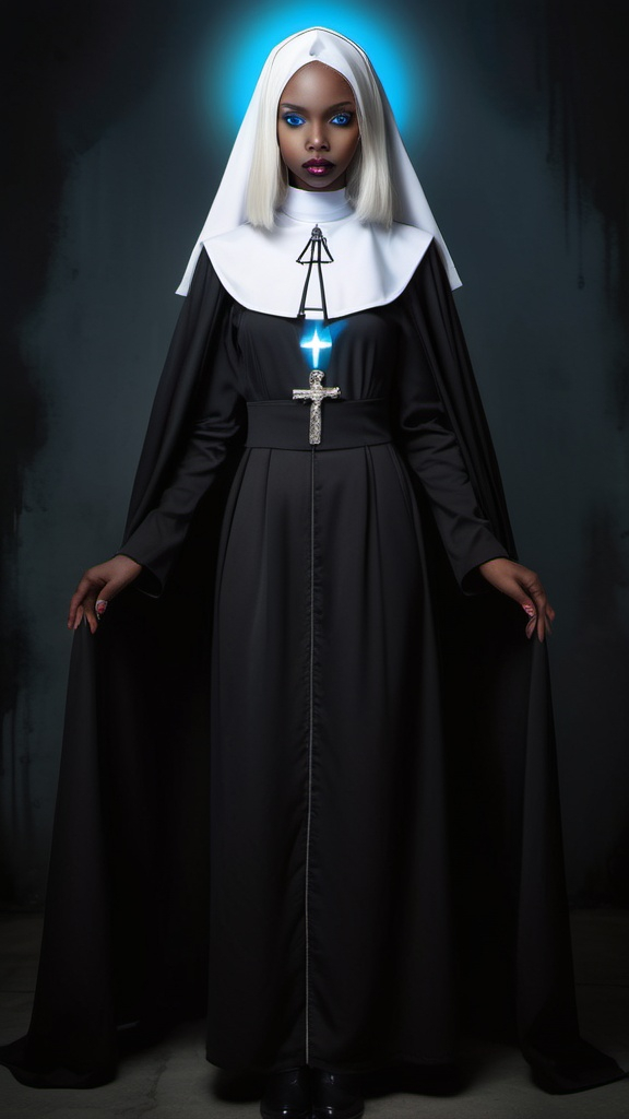 Prompt: Full length picture of a black vampire girl with glowing blue eyes and back-length platinum blond hair wearing a nun's habit