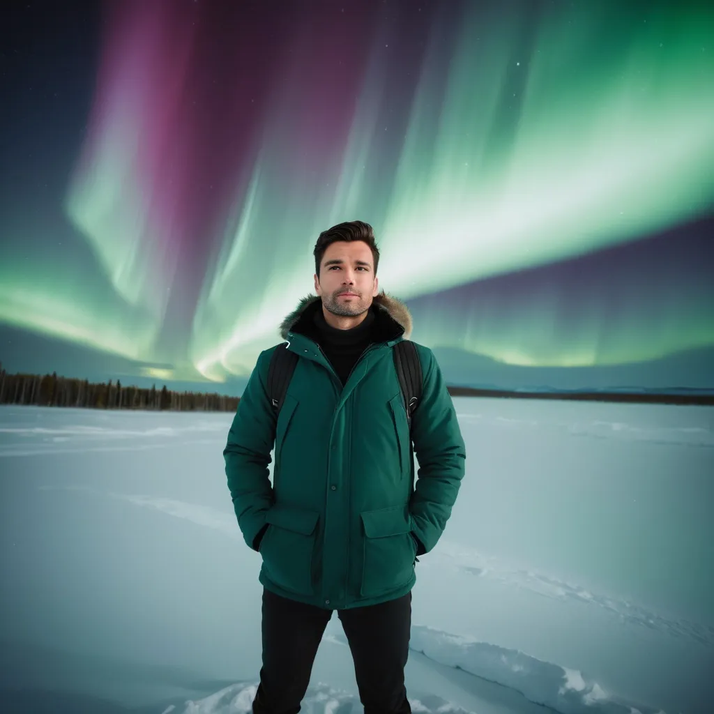 Prompt: Handsome man underneath the Aurora sky