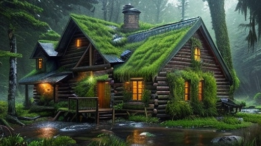 Prompt: a cabin in the woods with a mossy roof and a pond in front of it and a forest scene, Evgeny Lushpin, neo-romanticism, magical atmosphere, a digital rendering