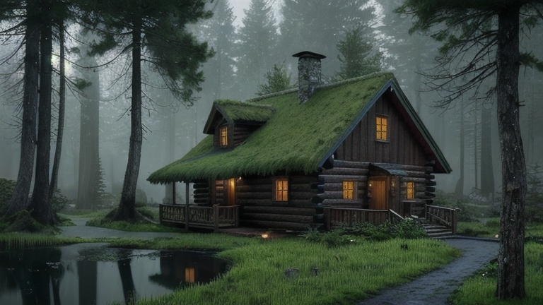 Prompt: a cabin in the woods with a mossy roof and a pond in front of it and a forest scene, Evgeny Lushpin, neo-romanticism, magical atmosphere, a digital rendering