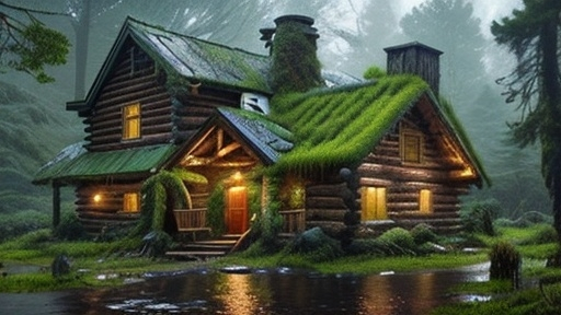 Prompt: a cabin in the woods with a mossy roof and a pond in front of it and a forest scene, Evgeny Lushpin, neo-romanticism, magical atmosphere, a digital rendering