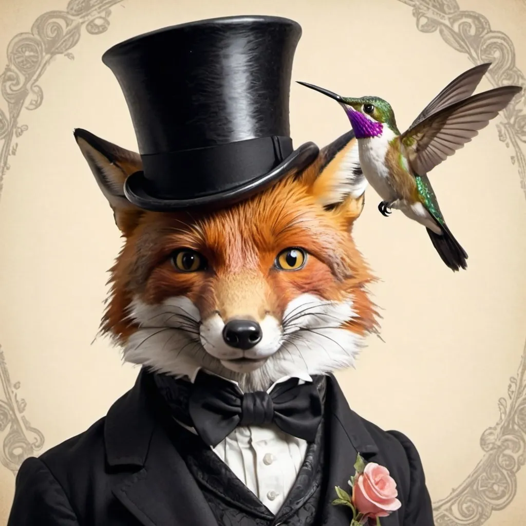 Prompt: Victorian gentleman fox with top hat, hummingbird hovering