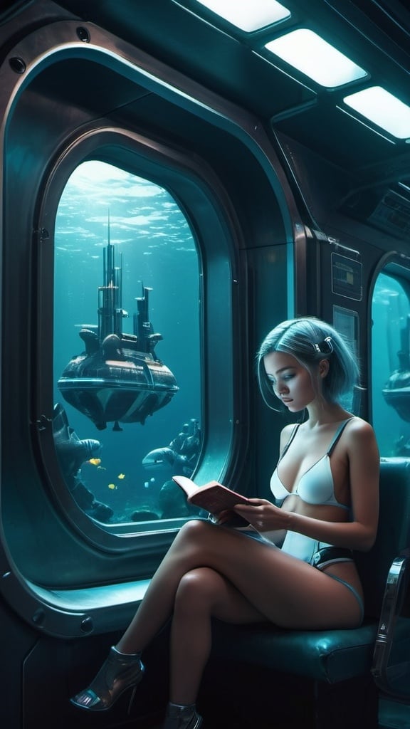 Prompt: scantily clad Woman in deepsea station, reading book, looking at phone, dark room with window, highres, sci-fi, deepseapunk, Beeple, deepsea art, futuristic setting, digital illustration, atmospheric lighting, cool tones, professional, detailed features, futuristic technology, intense gaze, futuristic interior design, digital display, futuristic fashion, futuristic undersea cityscape in window