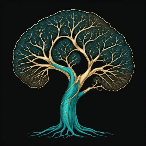 Prompt: tree branches growing in the shape of an outlined cerebral cortex side view. the trunk of the tree to tilt to one side. black background teal and gold colours.