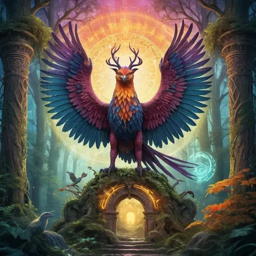 Prompt: Fantasy illustration of the Bruderschaft des Phönix, magical and mystical, ancient and enchanted, vibrant and detailed, high quality, fantasy, vibrant colors, mystical lighting, detailed characters, magical creatures, fantasy landscape, mystical runes, ancient architecture, mythical beings, fantasy style, enchanted forest, vibrant, ethereal ambiance, mythical creatures, ornate and intricate details, magical glow, otherworldly atmosphere