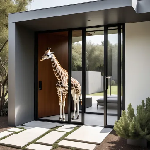 Prompt: Even a giraffe passes From a modern aluminum style pivot door 
