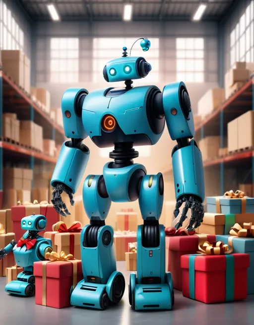 Prompt: a large warehouse building robots in front of it pack New Year gifts  New Year decoratons and Christmas tree  
