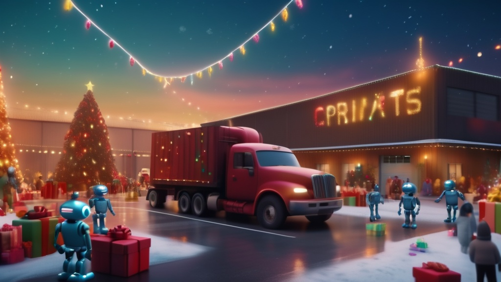 Prompt: Robots load gifts in a truck near a large warehouse building   New Year decoratons and Christmas tree  
