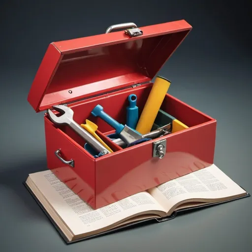 Prompt: stylised 
open tool box very near to an open book
