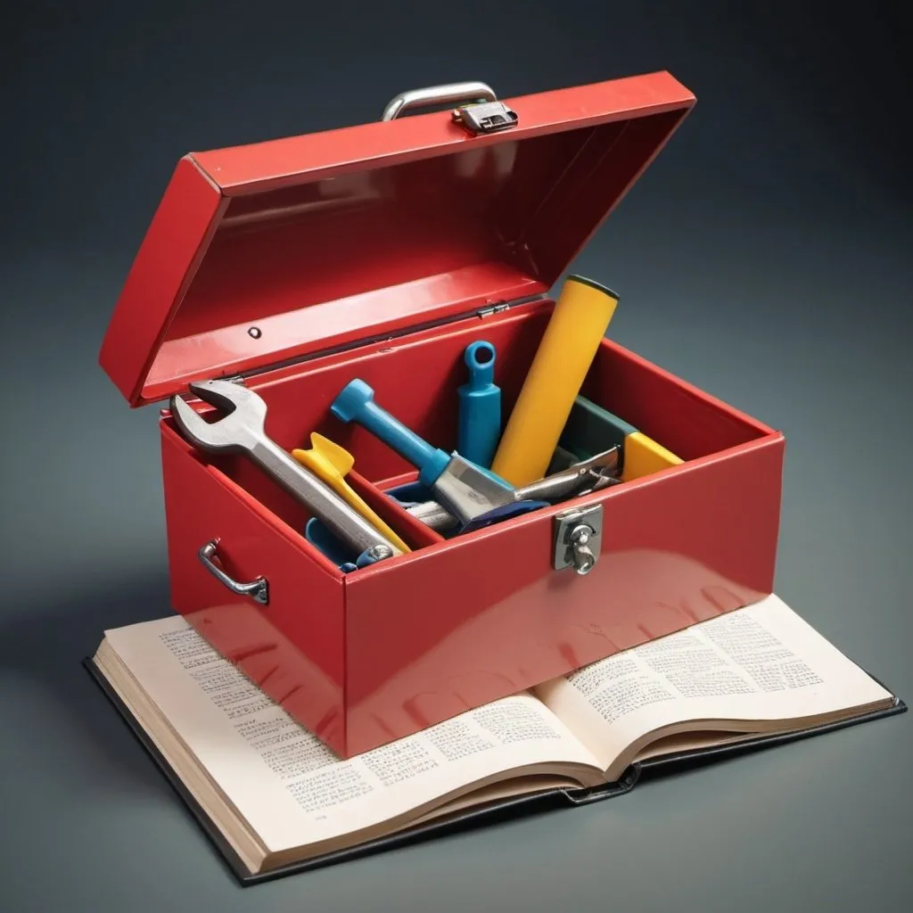 Prompt: stylised 
open tool box very near to an open book
