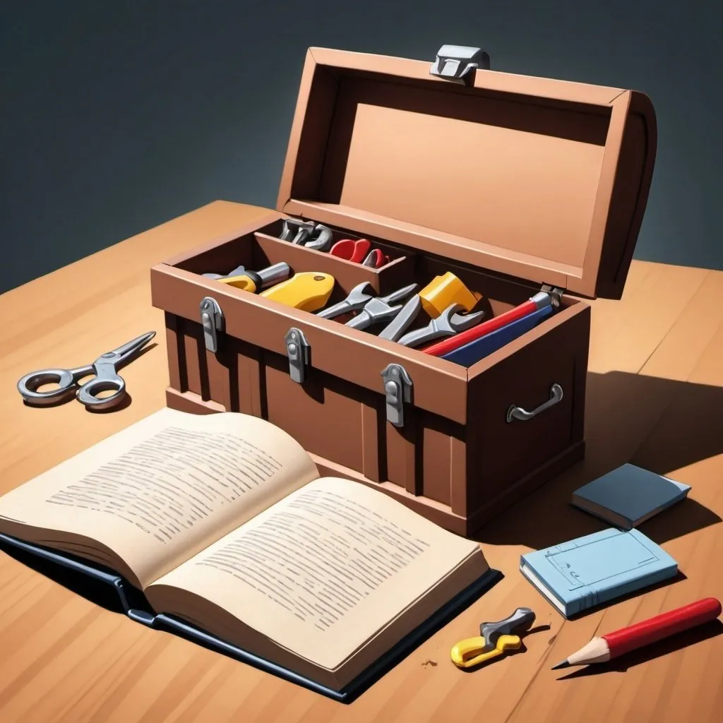 Prompt: an animae cartoon version of an open toolbox immediately near an open book