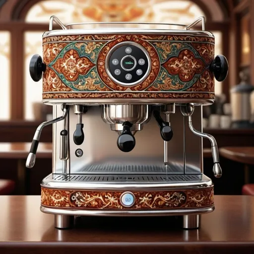 Prompt: commercial coffee machine with Traditional Iranian cover
