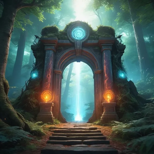 Prompt: (realistic portal gate to isekai), (fantasy setting), ethereal energy swirling around the portal, vibrant colors blending into one another, enchanted forest background, faint glow illuminating the surroundings, mystical atmosphere, dramatic lighting creating depth, high detail, 4K resolution, captivating visual narrative, sense of adventure and exploration.