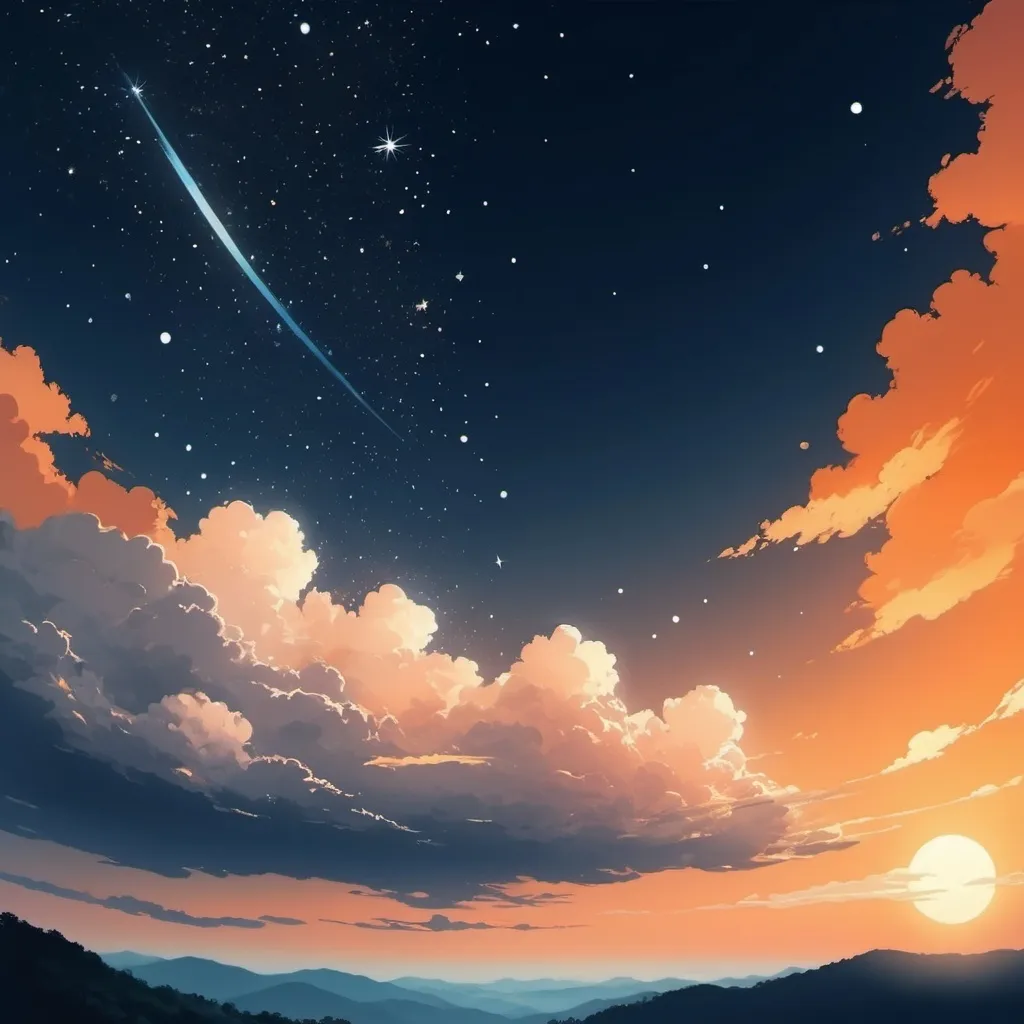 Prompt: Beutiful sky high with half full of clouds and half up shining stars with gradient orange in the background anime effect 