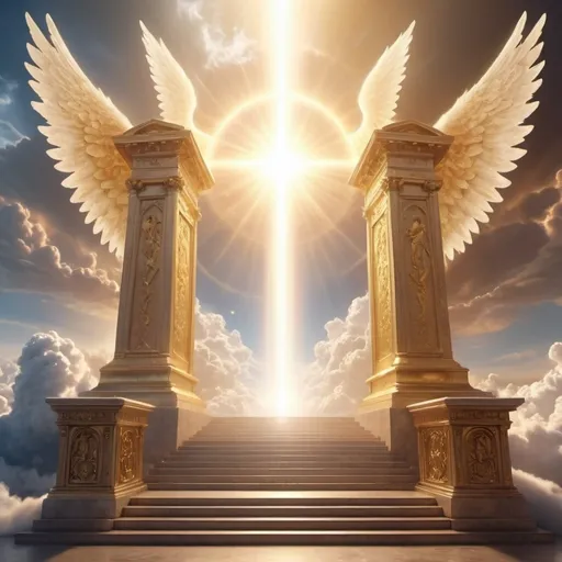 Prompt: (Heaven's gate and judgement), ethereal atmosphere, radiant light, angels in flowing robes, grand celestial staircase, misty clouds, divine aura, golden hues, soft, otherworldly glow, high above a vast expanse of fluffy clouds, serene yet powerful energy, awe-inspiring celestial courtroom, a sense of eternity, halos and wings illuminated, 4K, ultra-detailed, cinematic quality, fantasy, majestic and profound.