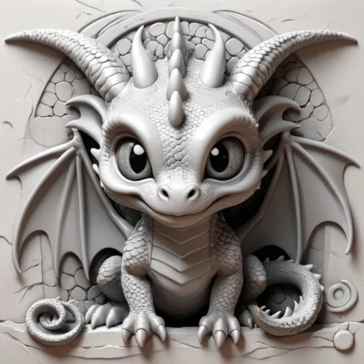 Prompt: "Create a 3D bas-relief of a baby dragon with extreme details, high resolution in greyscale, on a white background. The dragon's face is super cute, with large eyes and front-facing and with direct front-facing lighting."