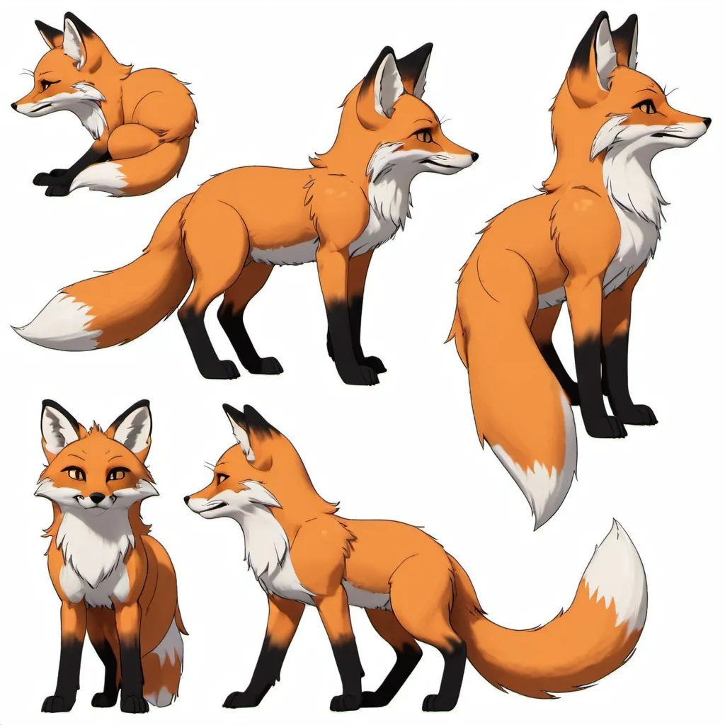 Prompt: furry reference sheet of fox with front , back view, and side view