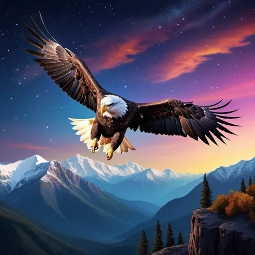 Prompt: (bald eagle soaring), (high above the MOUNTAINS, majestic pose, powerful wings stretched wide, stars twinkling in the deep night sky, vibrant cosmic colors, cool tones,, serene and uplifting ambiance, vast expanse of the Earth below, 4K quality,