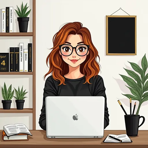Prompt: Created an illustrated graphic with A boss mom, a small business owner woman sitting behind a laptop in her home office facing the viewer. She should have shorter length hair ( brown with copper red highlights) in beach waves. She needs to be wearing glasses and be sitting at a desk working furiously behind a laptop. Have the office decor be black, white and gold decor, bookshelf, plants ,cup with pens, planner on the desk. Add a photo frame to the desk or background that matches the decor but is black so we can add a logo