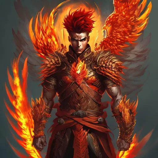 Prompt: male Warrior with Phoenix and Fire, digital illustration, fierce warrior with fiery phoenix, vibrant flames, detailed armor, dynamic pose, high quality, dynamic digital illustration, dark colors, intense lighting, mystry