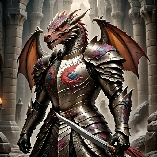 Prompt: (mighty dragon knight), intricately detailed armor adorned with mystical engravings, gripping two powerful swords, (ready for battle), a grand ancient tower looming in the background, dynamic posture showcasing strength and determination, (dramatic lighting) emphasizing the knight's fierce expression, vibrant colors highlighting the scene’s intensity, (epic fantasy atmosphere), ultra-detailed and captivating, cinematic feel.