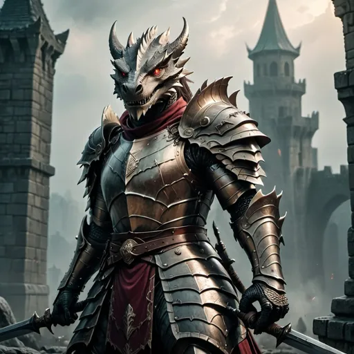 Prompt: (dragon knight) wearing (gorgeous armor), gripping two (swords) fiercely, (ready to fight), dynamic pose, (big ancient tower) in the background, atmospheric mist surrounding, (dramatic lighting) highlighting details, rich textures on armor, (epic fantasy theme), high action, (vibrant colors), ultra-detailed, (4K), capturing a sense of bravery and might.