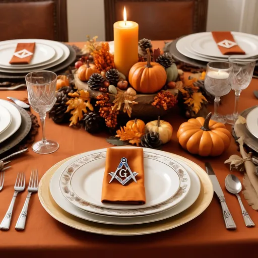 Prompt: A festive fall thanksgiving table with Masonic symbols