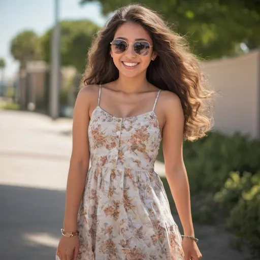 Prompt: Cute Hispanic girl, 20 years old, full body, gorgeous hair, smiling, sunglasses, summer dress