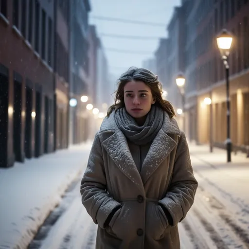 Prompt: A lonely woman walking through an empty, snow-covered street on a cold winter day. The street is deserted, with buildings lit by dim lights. Snow falls gently as the camera follows her, focusing on her face filled with sadness and longing. She wears a thick winter coat, with her eyes lost in thought as she walks slowly. The atmosphere feels cold and desolate, reflecting her emotional state.