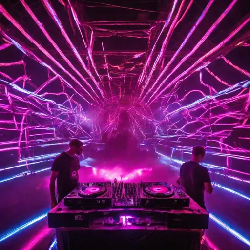 Prompt: A leggendary DJ play at the best festival of techno music. neon light, strobo, stunning scenography