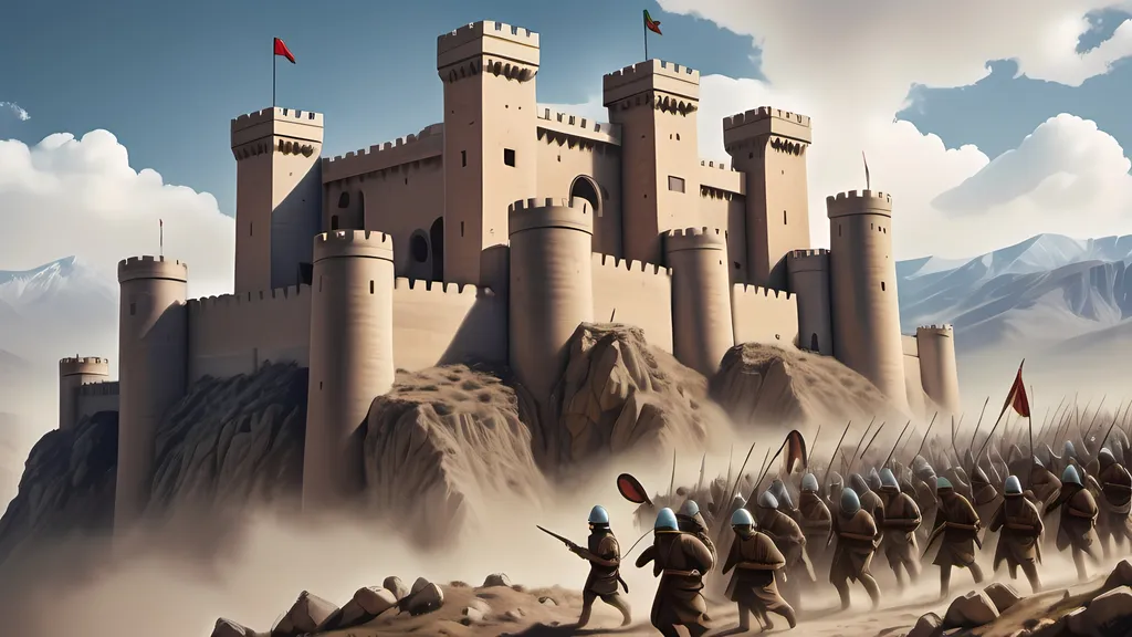 Prompt: Thousands of warriors have attacking a castle since 1960 wearing brown clodes, a castle on top of the mountain, The sky is blue and slightly cloudy,Kurdish fighters on top of the castle defending