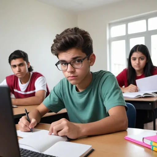 Prompt: many students struggling with stuying on notebooks and books, one student closer to the camera is watching on his computer and learning smoothly and having fun. Wide photo