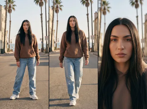 Prompt: Cinematic street video, coastal road with palm trees, golden hour sunlight. START: subject standing still in center of road, relaxed posture, slight breeze moving hair and hoodie. ACTION: subject slowly walks forward toward camera with calm confidence, natural arm swing, steady gaze. CAMERA: slow dolly-in, slight handheld micro movement, shallow depth of field. END: subject stops close to camera, locks eye contact for 2 seconds. STYLE: ultra-realistic, cinematic color grading, soft film grain