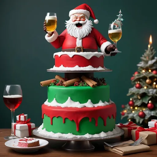 Prompt: Generate a 3 tier unrealistic cake in Christmas theme with a drunk Santa on top