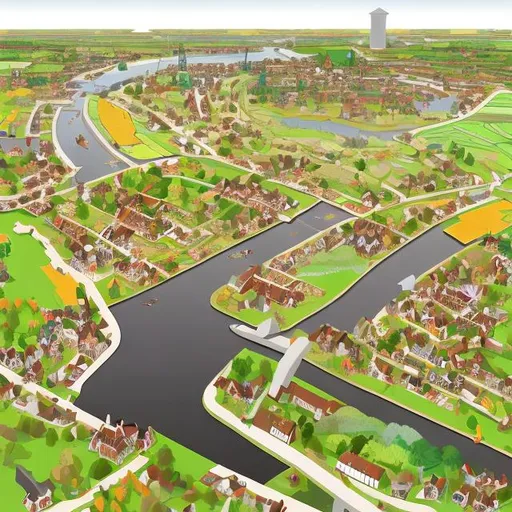 Prompt: crate a landscape based on the Netherlands with dikes rivers canals cities cows people houses
