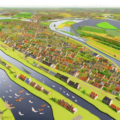 Prompt: crate a landscape based on the Netherlands with dikes rivers canals cities cows people houses
