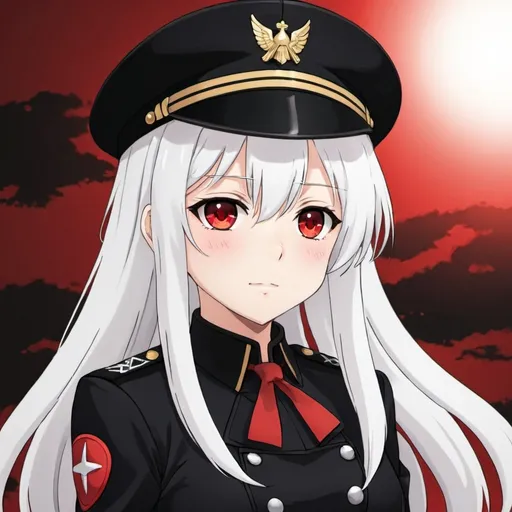 Prompt: Anime Girl, White Hair, Black uniform, General Hat, Red eyes, Tall
