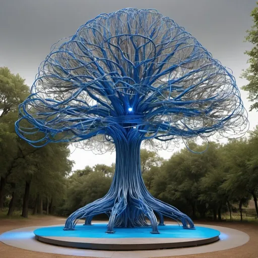 Prompt: Giant Tree made of metal and blue wires



