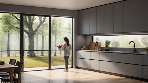 Prompt: rendering of a beautiful kitchen with modern gray cabinets and a lady cooking and a large window next to the kitchen with a tree behind it.