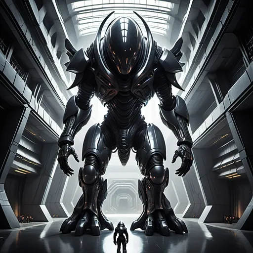 Prompt: A massive synthetic being within a colossal mega-structure, featuring a strange, asymmetrical helmet that distorts its face with alien-like features. The being is clad in intricate, futuristic armor with unusual, experimental weaponry integrated into its body. Its towering figure stands in a vast, dark corridor of the mega-structure, with massive walls and an overwhelming sense of scale. The environment is filled with complex, metallic architecture, dimly lit by flickering lights. The atmosphere feels cold, ominous, and enigmatic, highlighting the intimidating presence of the synthetic warrior."