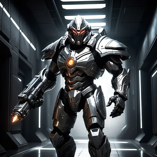 Prompt: A colossal synthetic warrior in robust silver and black combat armor, holding a massive plasma cannon. Its helmet features a large, menacing optical halo that serves as a threatening visor. The warrior stands in a futuristic, dark corridor, exuding power and dominance. The environment is inspired by Blame!, with towering metallic structures and eerie lighting, amplifying the intimidating presence of the figure