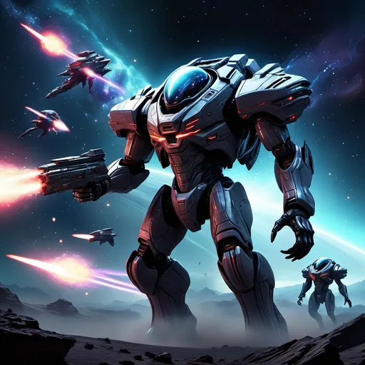 Prompt: "A colossal artificial combat unit in deep space, equipped with advanced weaponry, firing devastating shots at massive alien creatures. The unit is heavily armored, with futuristic, sleek design and glowing energy lines. Its enormous weapons unleash torrents of plasma fire as it stands in a battle-ready stance within the vast expanse of space. The backdrop features distant stars, nebulae, and colossal enemy entities, with immense scales that emphasize the power of both the combat unit and its adversaries. The atmosphere is tense, chaotic, and filled with the raw energy of a fierce interstellar conflict."