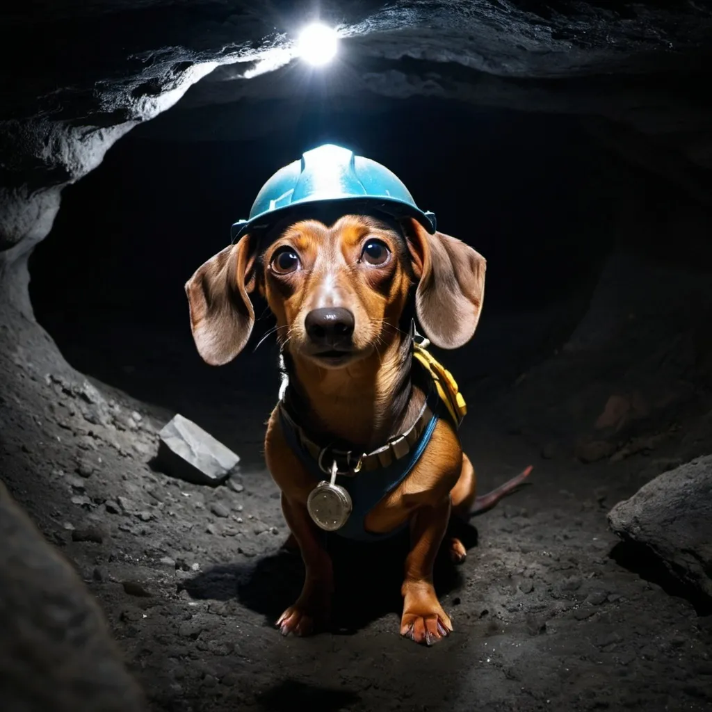 Prompt: a weiner dog miner in a dark cavern