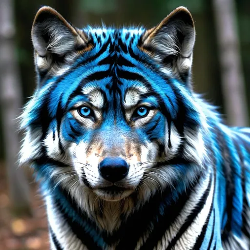 Prompt: a blue wolf with black tiger stripes