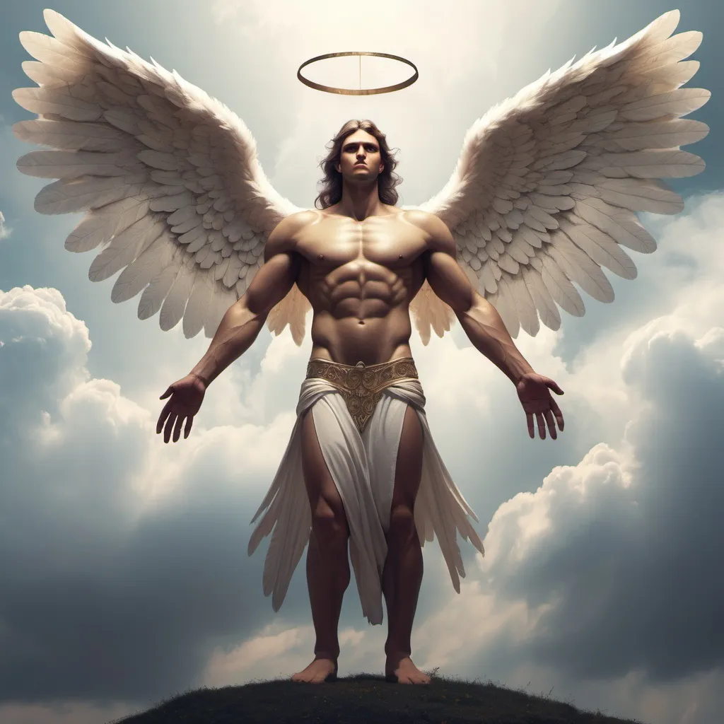 Prompt: a male angel giant with six wings on his back