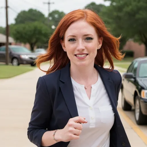 Prompt: A Woman in Her Twenties with Red Hair running for a senator in Houston Texas