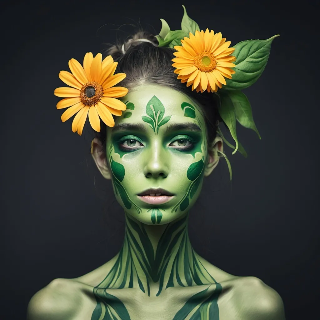 Prompt: a plant person with green skin and a flower for hair