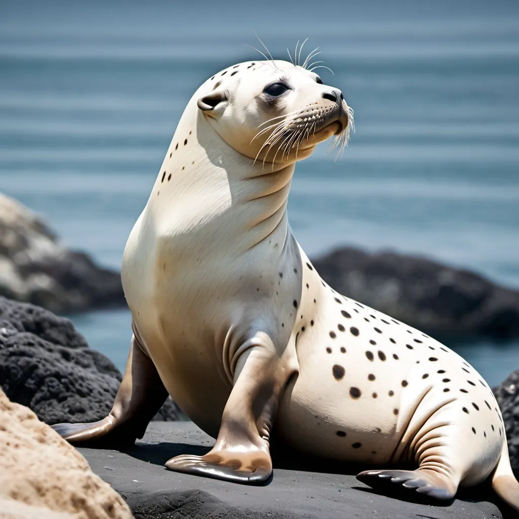 Prompt: a white and grey spotted sea lion on an island