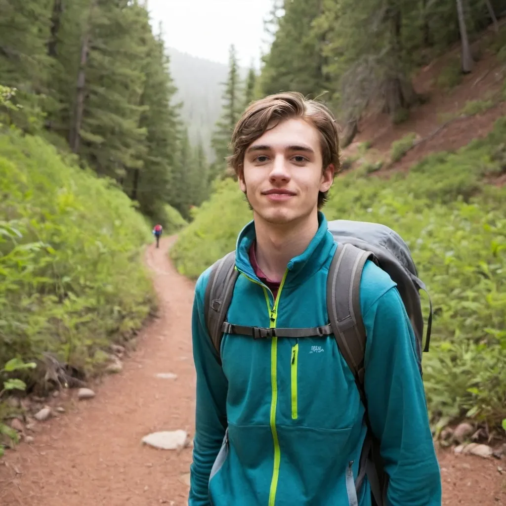 Prompt: a twenty something year old man on a nature hike